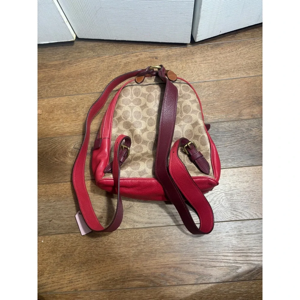 Coach Signature Canvas Leather Backpack Red Burgundy‎ Gold Tone Hardware Mini